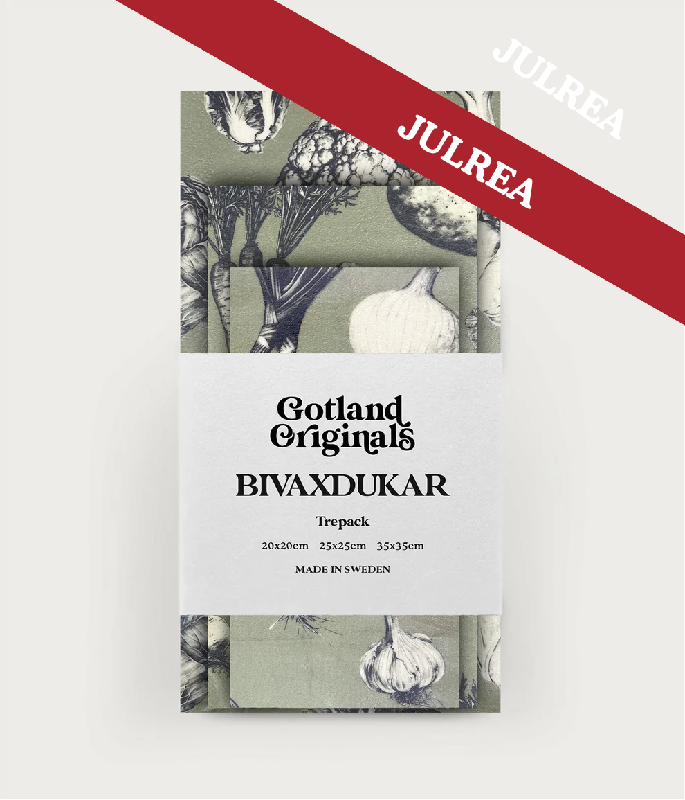 Bivaxduk i trepack, mönster Veggiepack, med text julrea