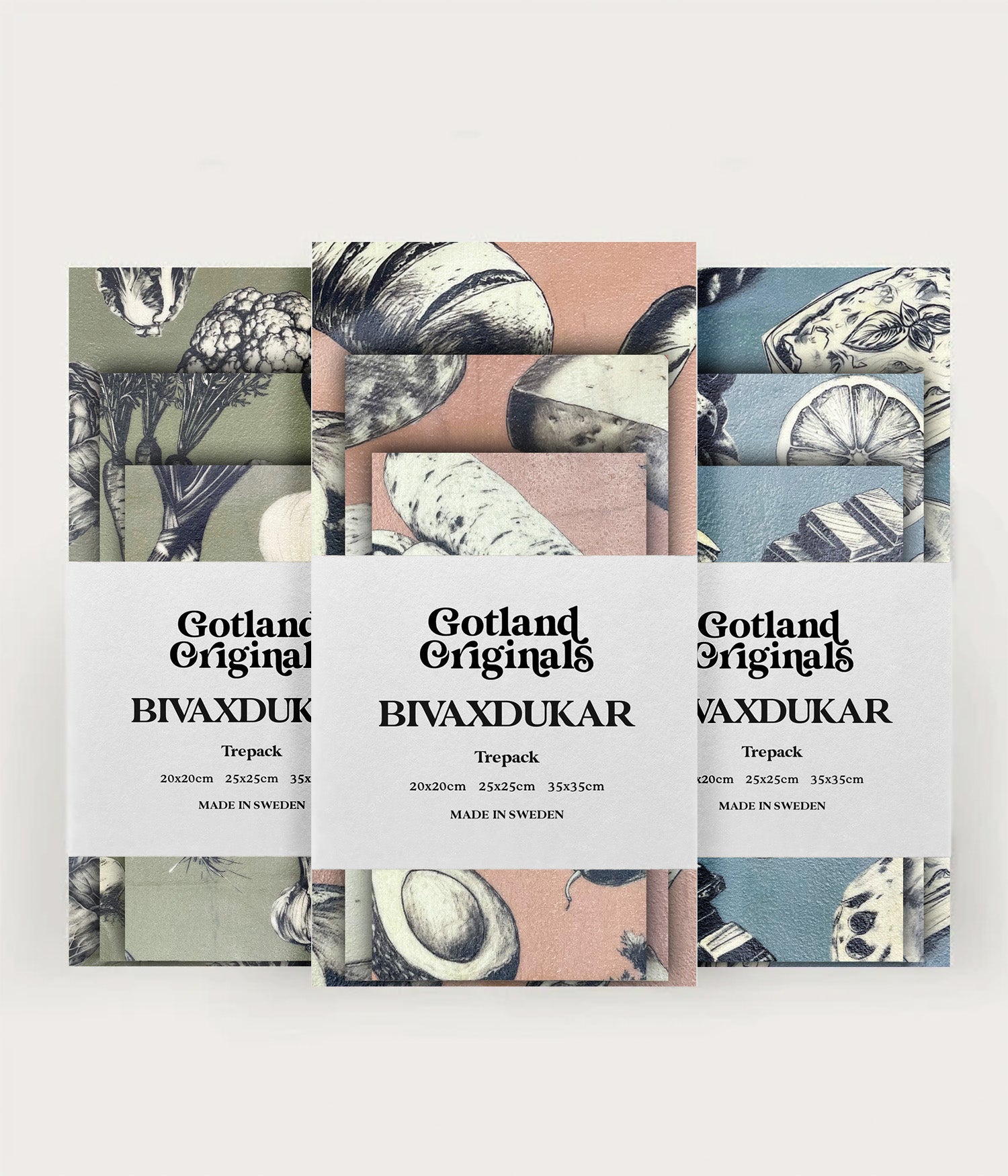 9 pack bivaxdukar som visar Veggie, med rotfrukter. Deli som visar bröd. ost och pålägg. Wrap som visar pajer, frukt och snacks