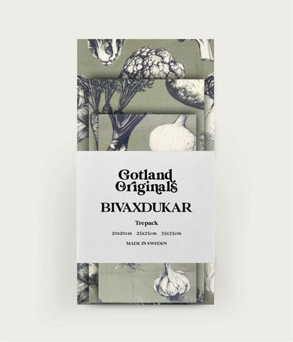 3 pack Veggie bivaxdukar med mönster av rotfrukter